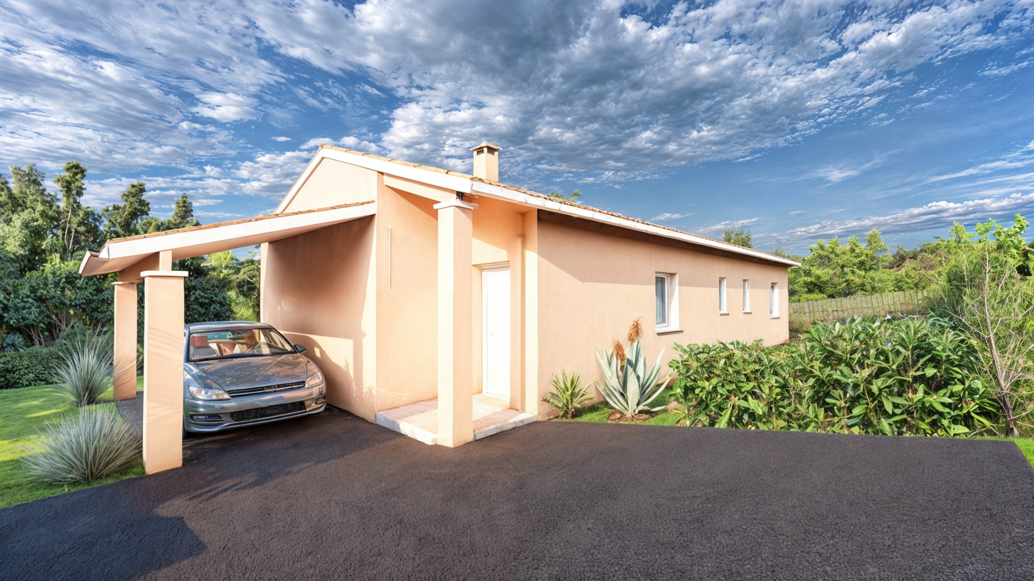 maison traditionnelle de plein pied avec carport et toiture tuile